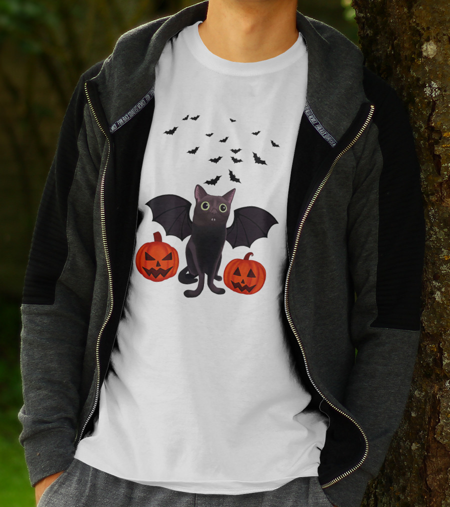 Bigfootjinx Merch Halloween Bat Jinx Black Cat With Pumpkin Jack-o'-Lanterns And Flying Bats T-Shirt