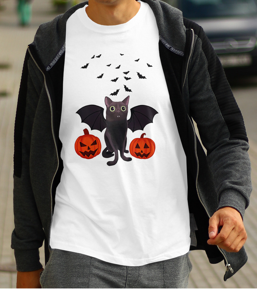 Bigfootjinx Merch Halloween Bat Jinx Black Cat With Pumpkin Jack-o'-Lanterns And Flying Bats T-Shirt
