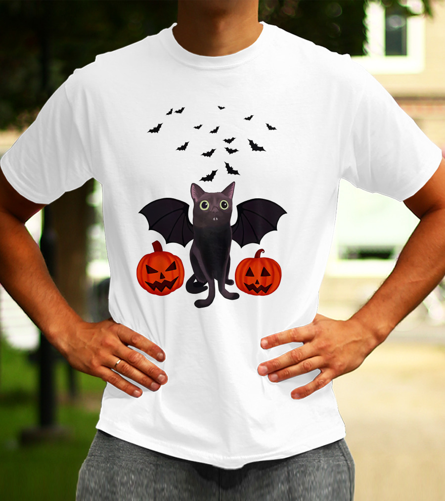 Bigfootjinx Merch Halloween Bat Jinx Black Cat With Pumpkin Jack-o'-Lanterns And Flying Bats T-Shirt