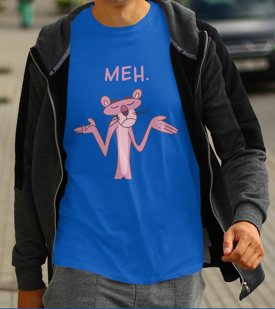 Qwertee Pink Panther Meh Apathy Blue Background T-Shirt
