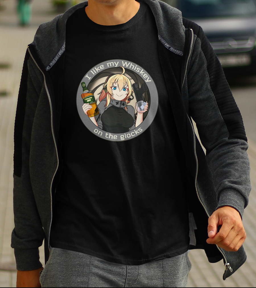 Waifu Dynamics Merch Whiskey Glocks Anime Character I Like My Whiskey T-Shirt