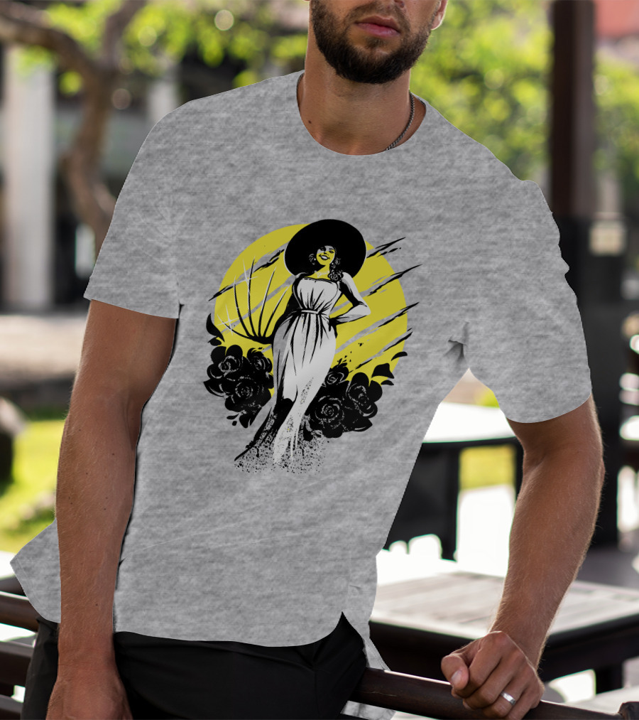 Fangamer Shop Resident Evil Lady Dimitrescu Iconic Yellow Backdrop Roses Claws T-Shirt