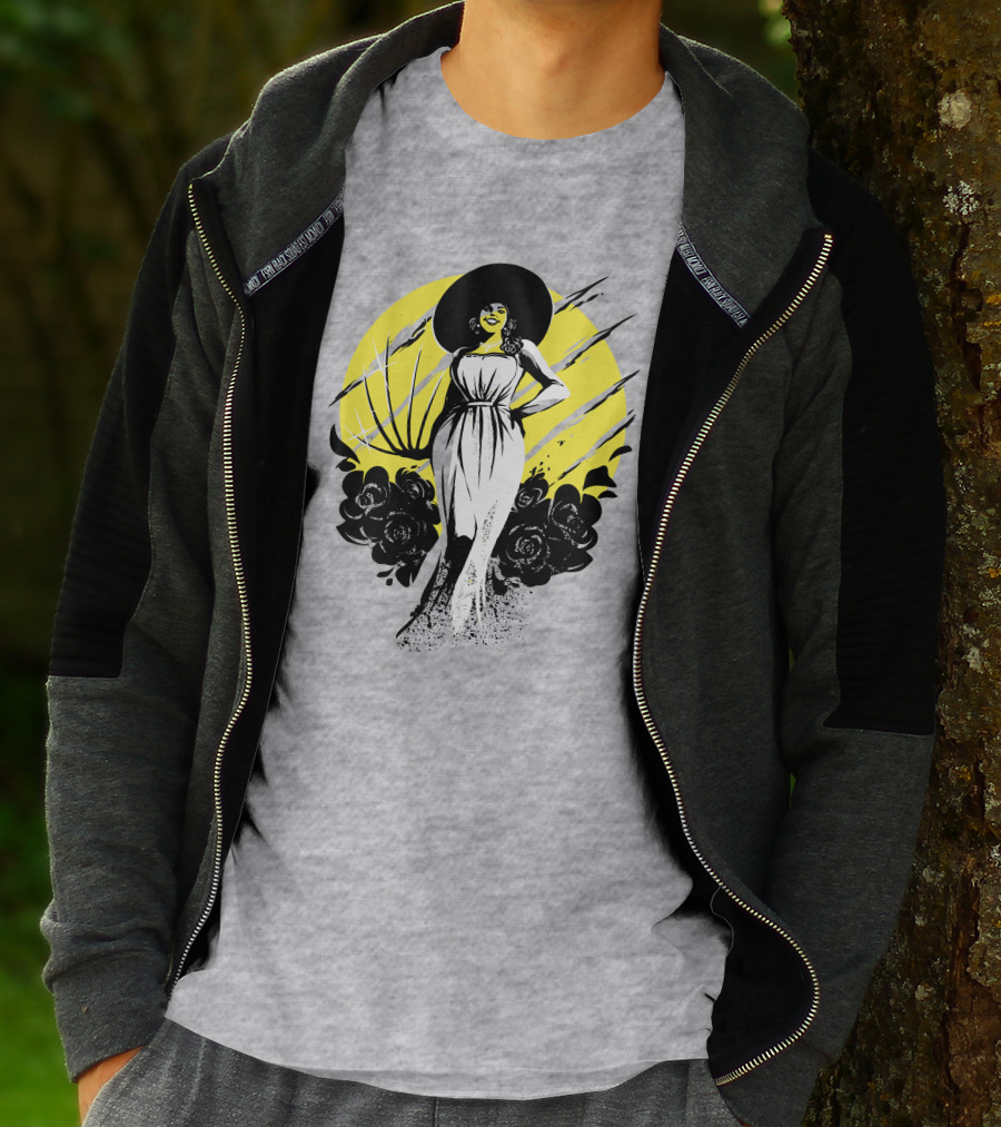 Fangamer Shop Resident Evil Lady Dimitrescu Iconic Yellow Backdrop Roses Claws T-Shirt