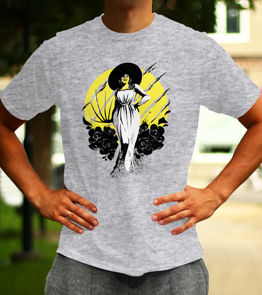 Fangamer Shop Resident Evil Lady Dimitrescu Iconic Yellow Backdrop Roses Claws T-Shirt