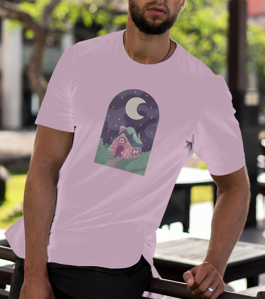 Sleepy Draginn Under Night Sky Crescent Moon Pastel Cottage T-Shirt