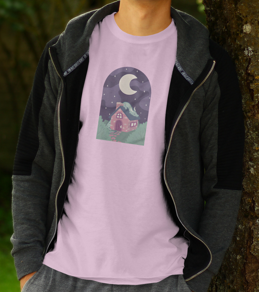 Sleepy Draginn Under Night Sky Crescent Moon Pastel Cottage T-Shirt