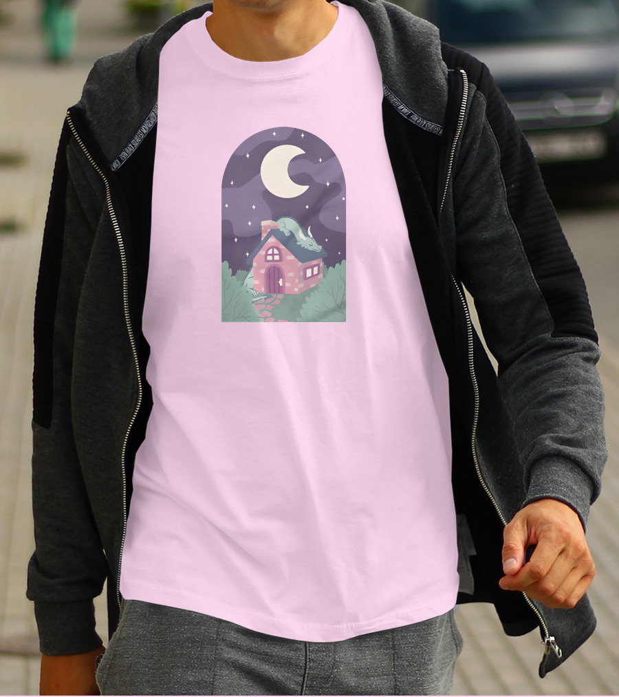 Sleepy Draginn Under Night Sky Crescent Moon Pastel Cottage T-Shirt