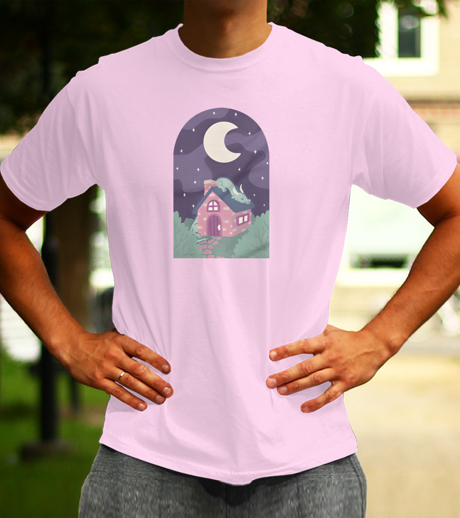 Sleepy Draginn Under Night Sky Crescent Moon Pastel Cottage T-Shirt