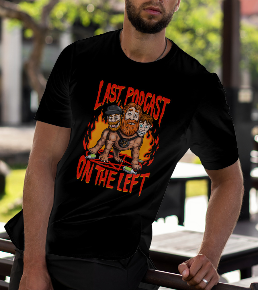 Last Podcast On The Left Hellhound Fire Pentagram Three-Headed Cartoon T-Shirt