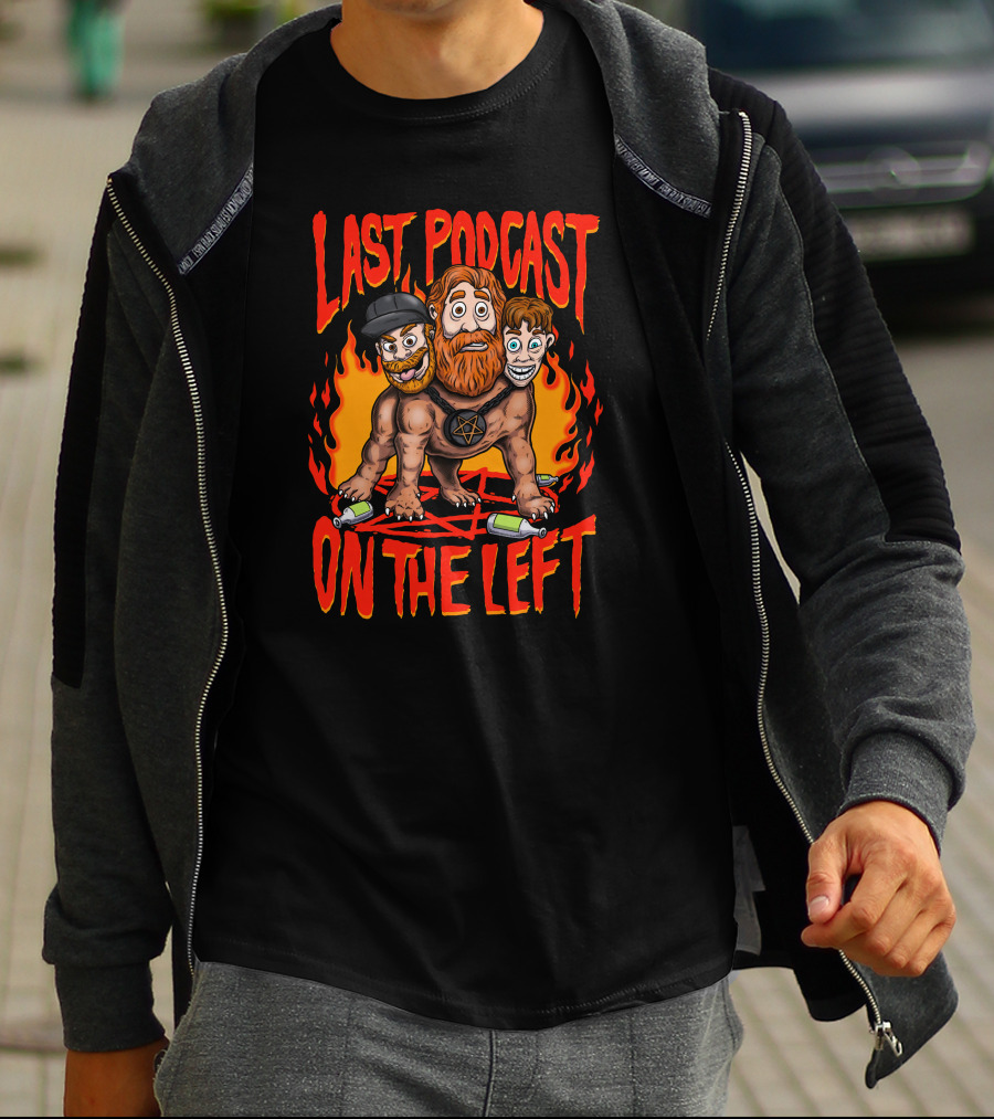Last Podcast On The Left Hellhound Fire Pentagram Three-Headed Cartoon T-Shirt
