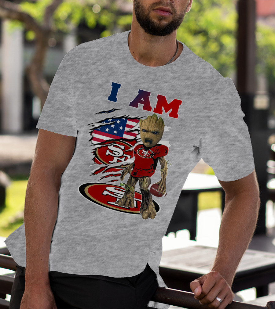 I Am 49ers Baby Groot Football Usa Flag Swoosh T-Shirt