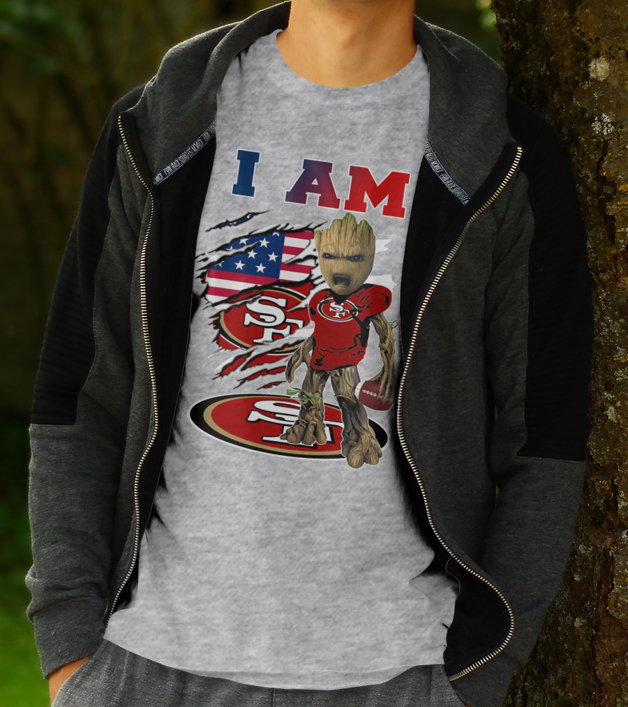 I Am 49ers Baby Groot Football Usa Flag Swoosh T-Shirt