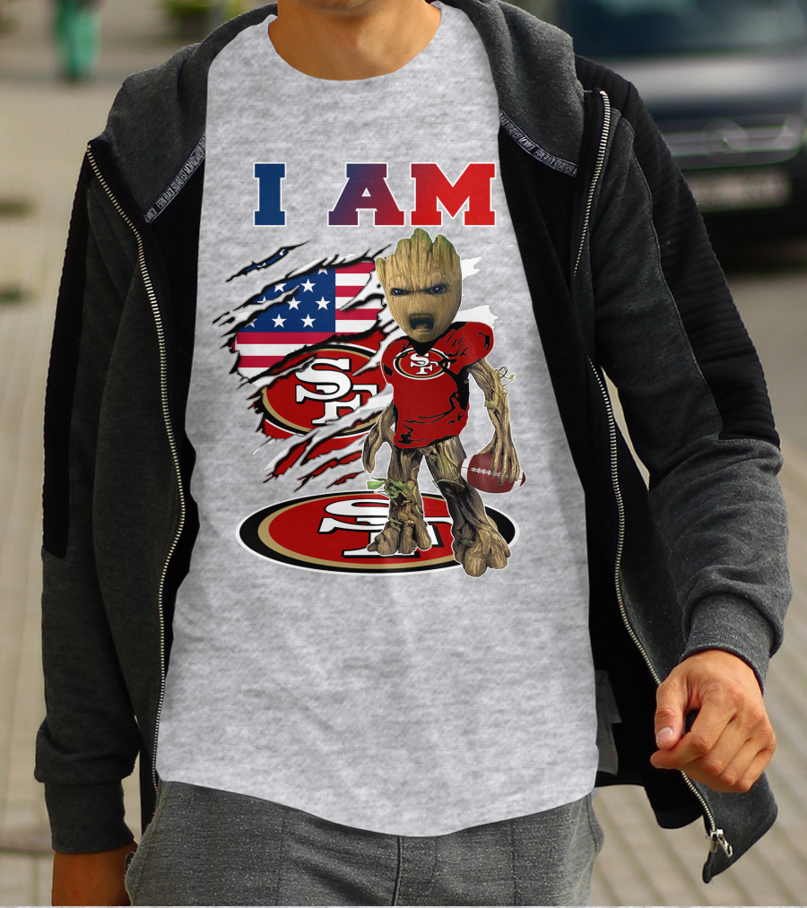 I Am 49ers Baby Groot Football Usa Flag Swoosh T-Shirt