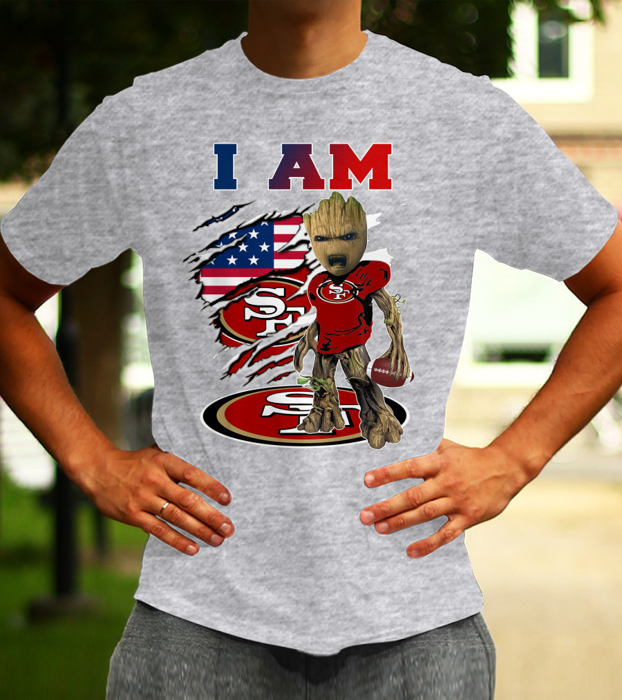 I Am 49ers Baby Groot Football Usa Flag Swoosh T-Shirt