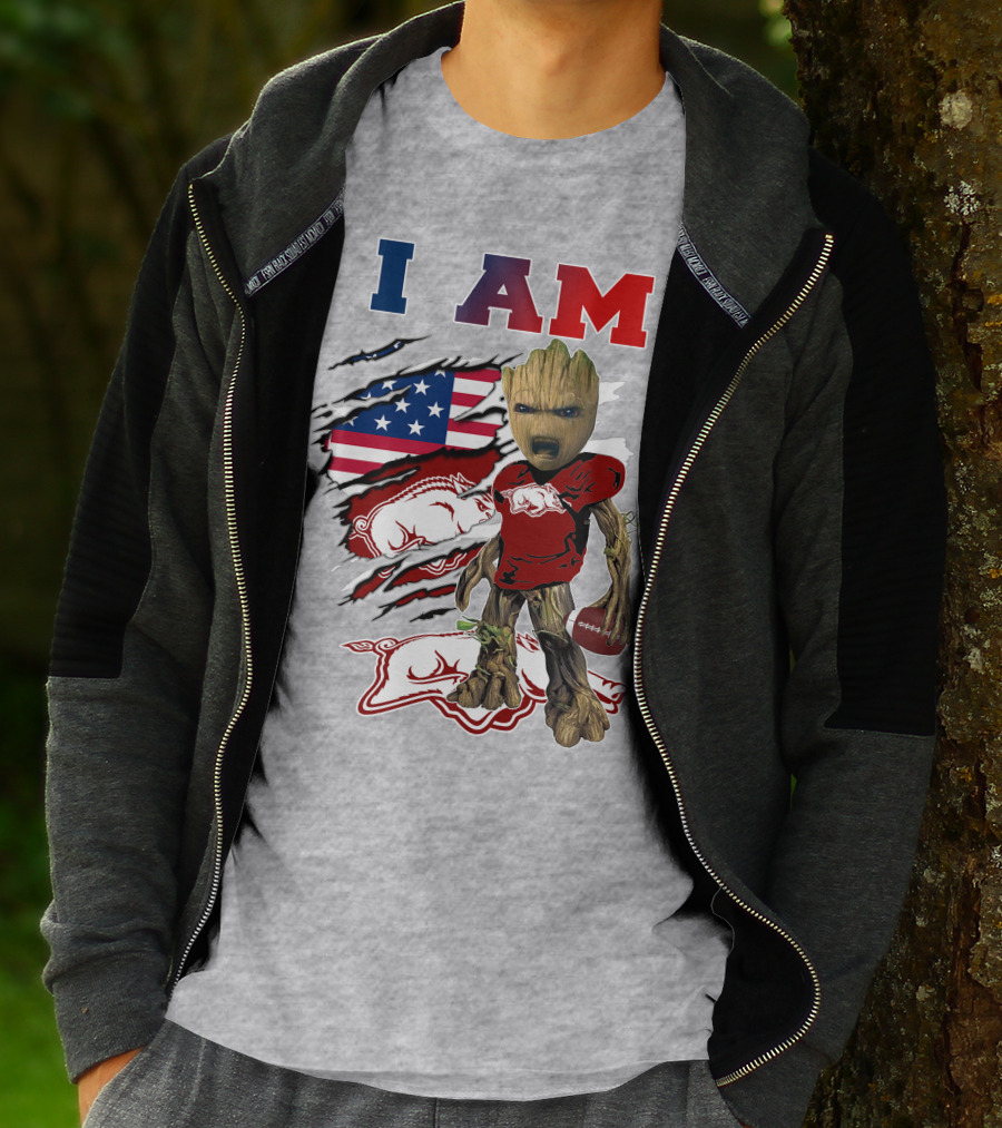 I Am Baby Groot Arkansas Razorbacks Football Usa Flag T-Shirt