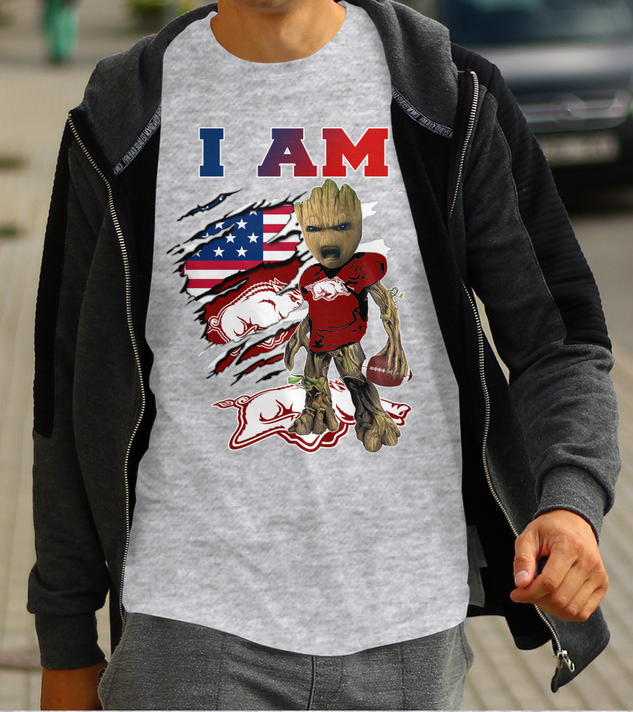 I Am Baby Groot Arkansas Razorbacks Football Usa Flag T-Shirt