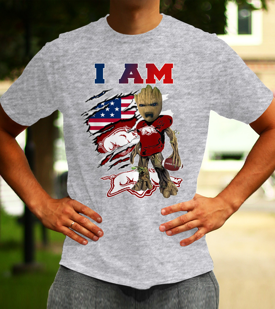I Am Baby Groot Arkansas Razorbacks Football Usa Flag T-Shirt
