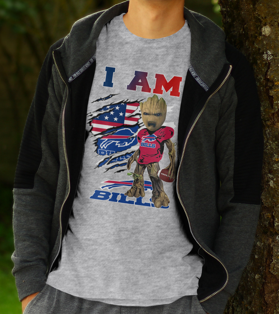 I Am Bills Baby Groot Football Fan With American Flag And Team T-Shirt