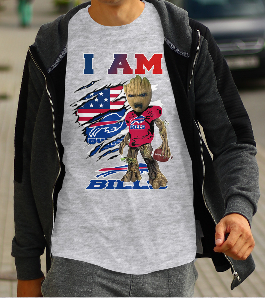 I Am Bills Baby Groot Football Fan With American Flag And Team T-Shirt