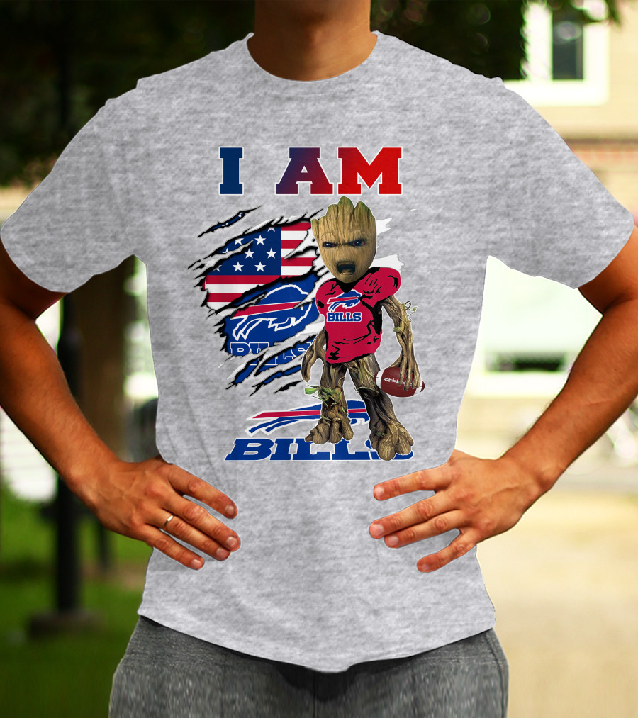 I Am Bills Baby Groot Football Fan With American Flag And Team T-Shirt