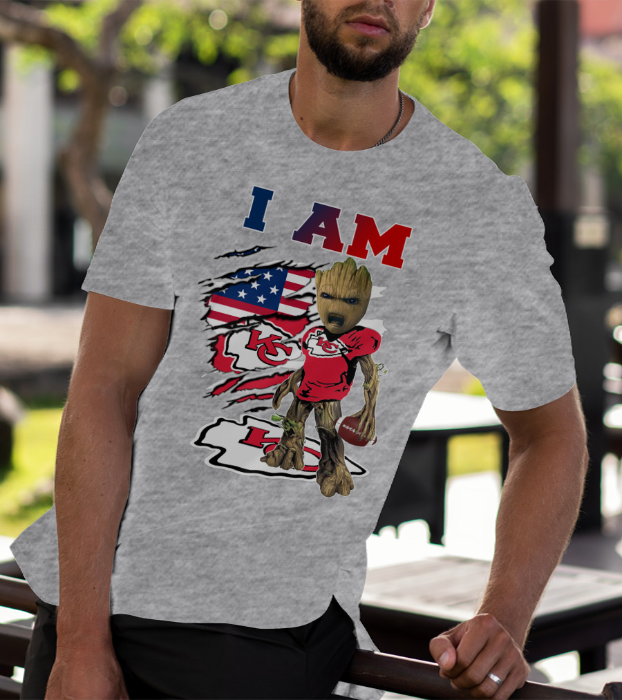 I Am Kc Chiefs Baby Groot Football Usa Flag T-Shirt