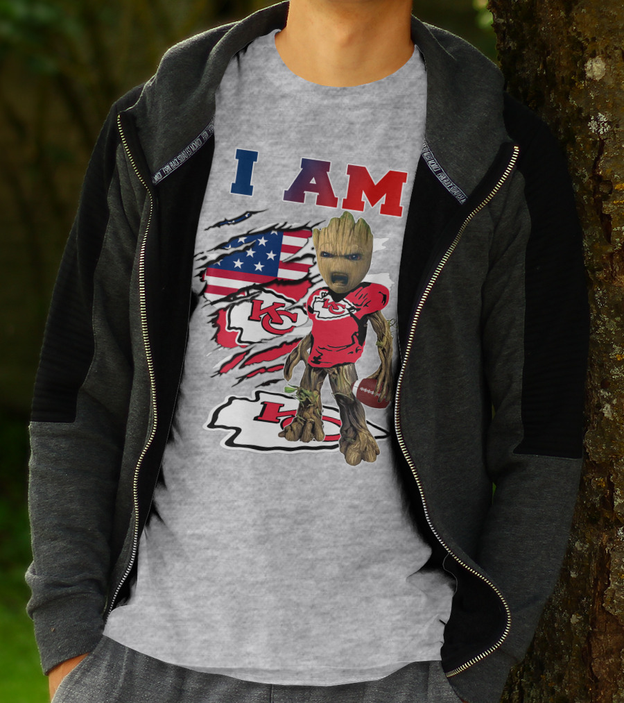 I Am Kc Chiefs Baby Groot Football Usa Flag T-Shirt