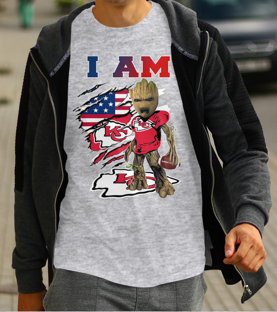 I Am Kc Chiefs Baby Groot Football Usa Flag T-Shirt