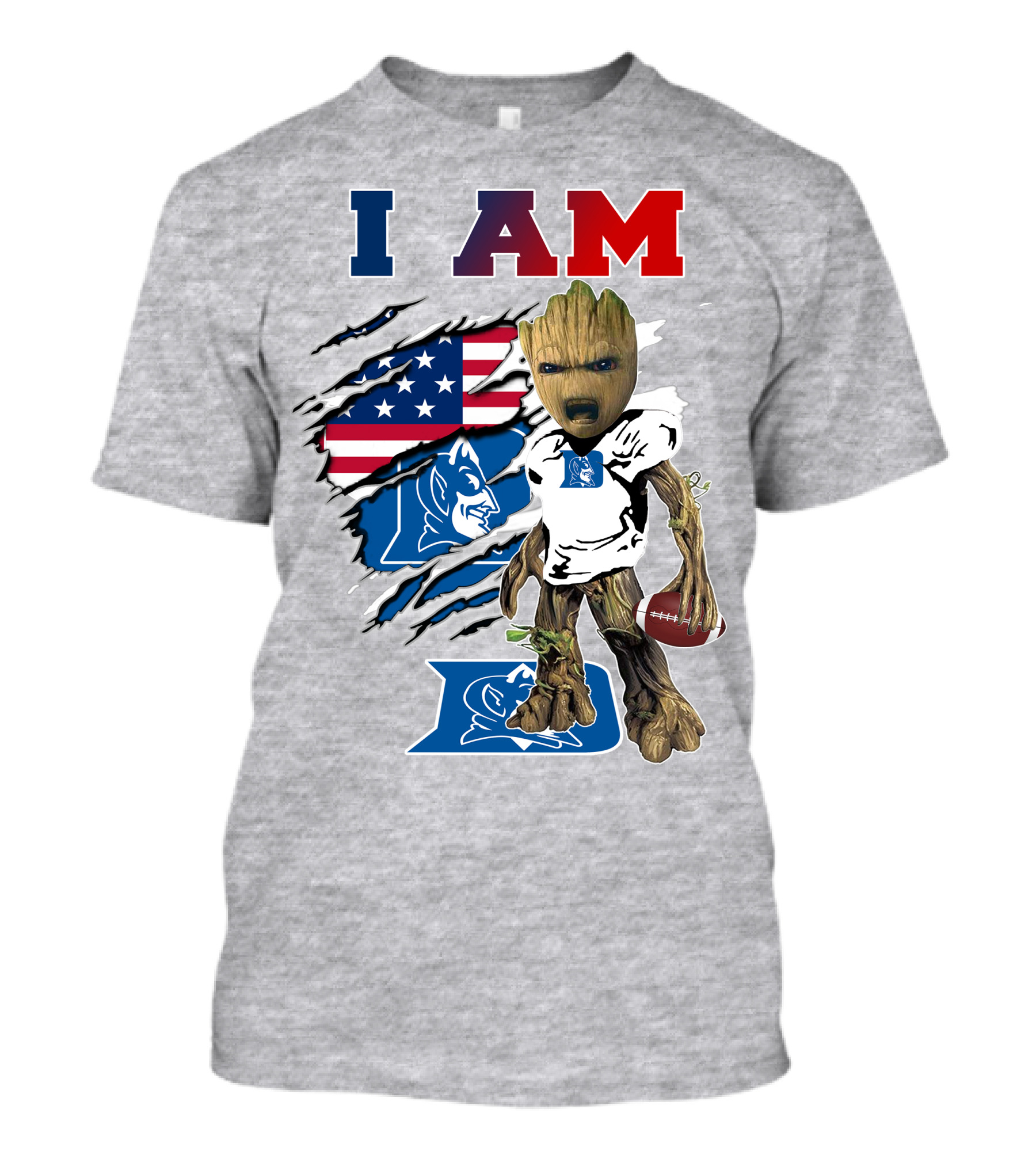 I AM Duke Baby Groot With American Football And Flag Background T-Shirt