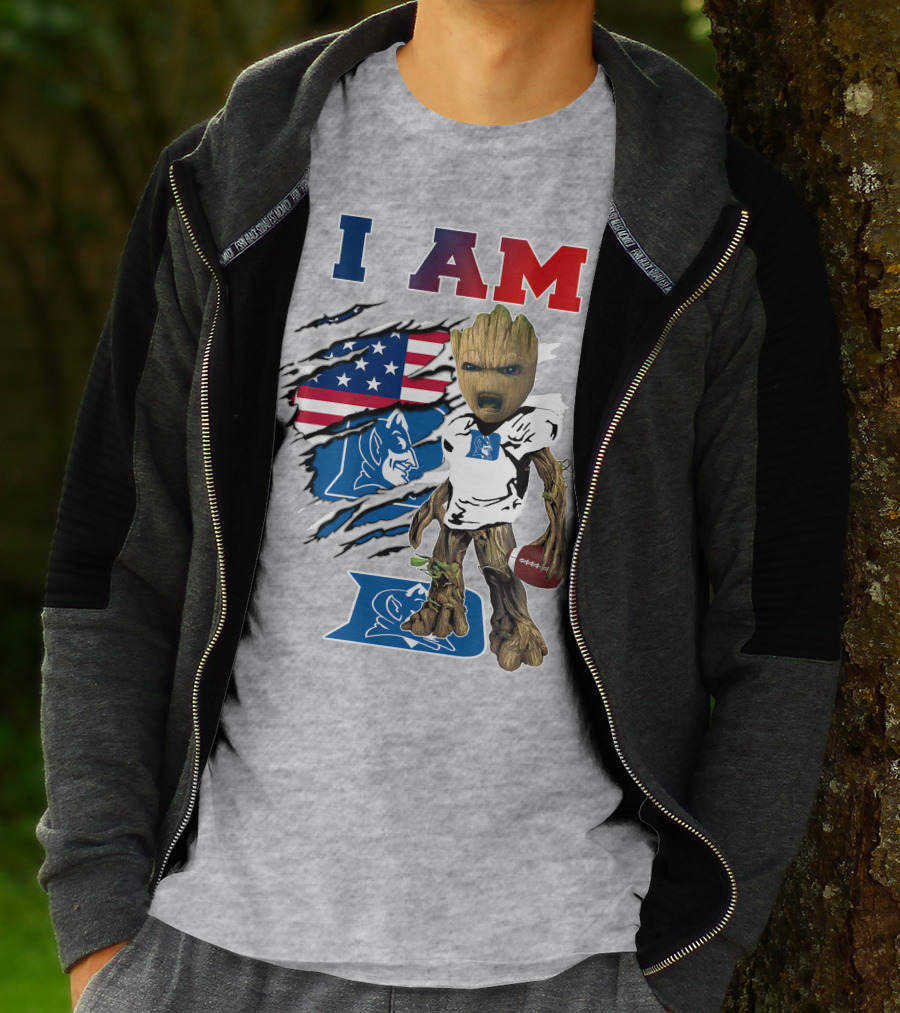 I AM Duke Baby Groot With American Football And Flag Background T-Shirt