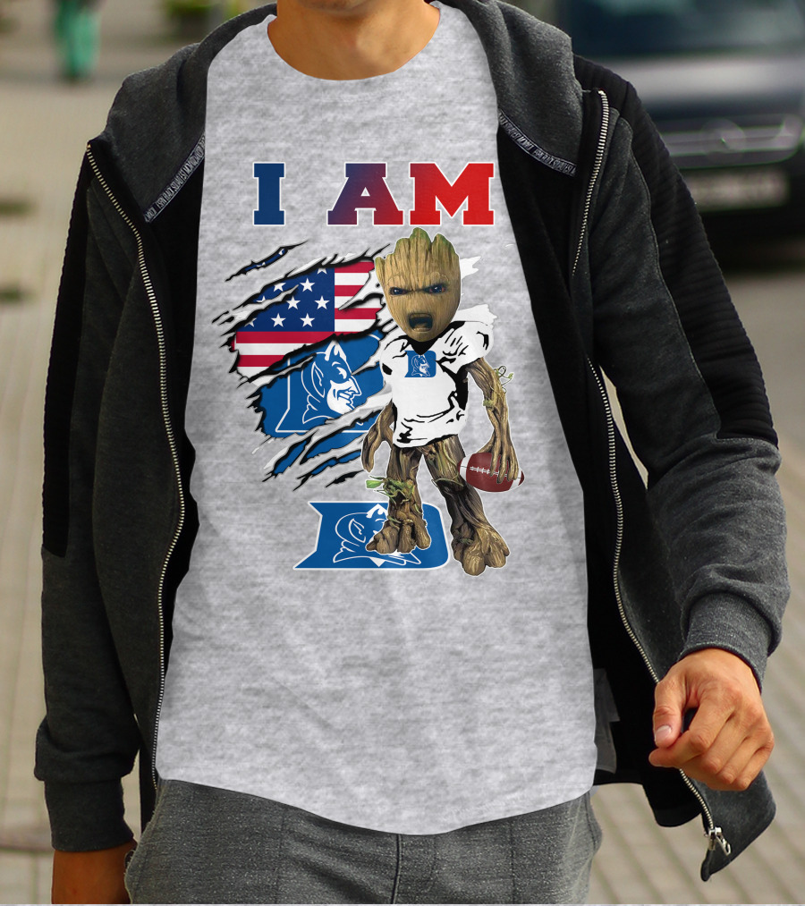 I AM Duke Baby Groot With American Football And Flag Background T-Shirt
