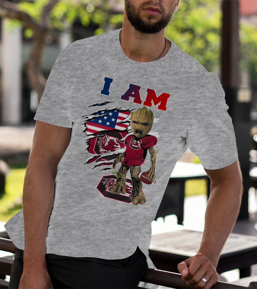I Am Gamecocks Baby Groot Football American Flag T-Shirt