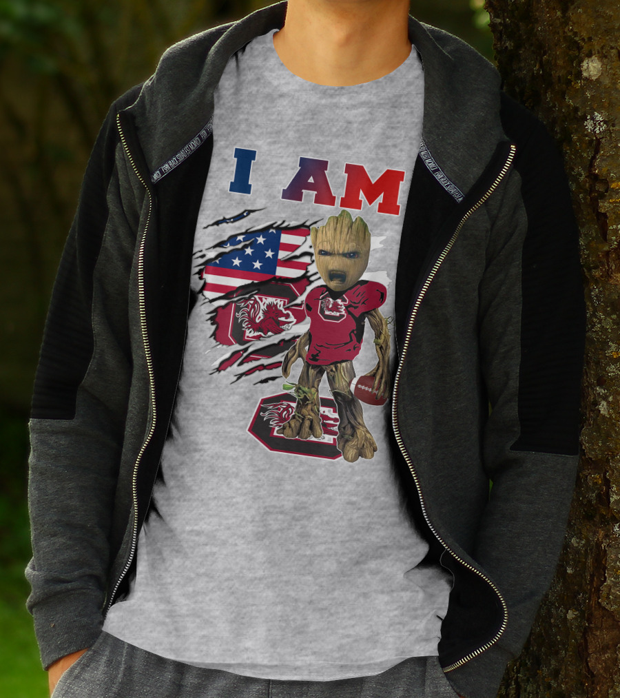 I Am Gamecocks Baby Groot Football American Flag T-Shirt