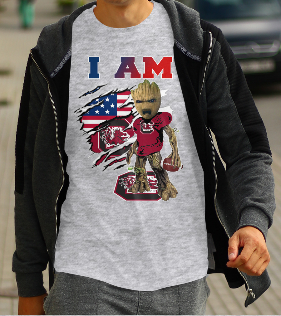 I Am Gamecocks Baby Groot Football American Flag T-Shirt