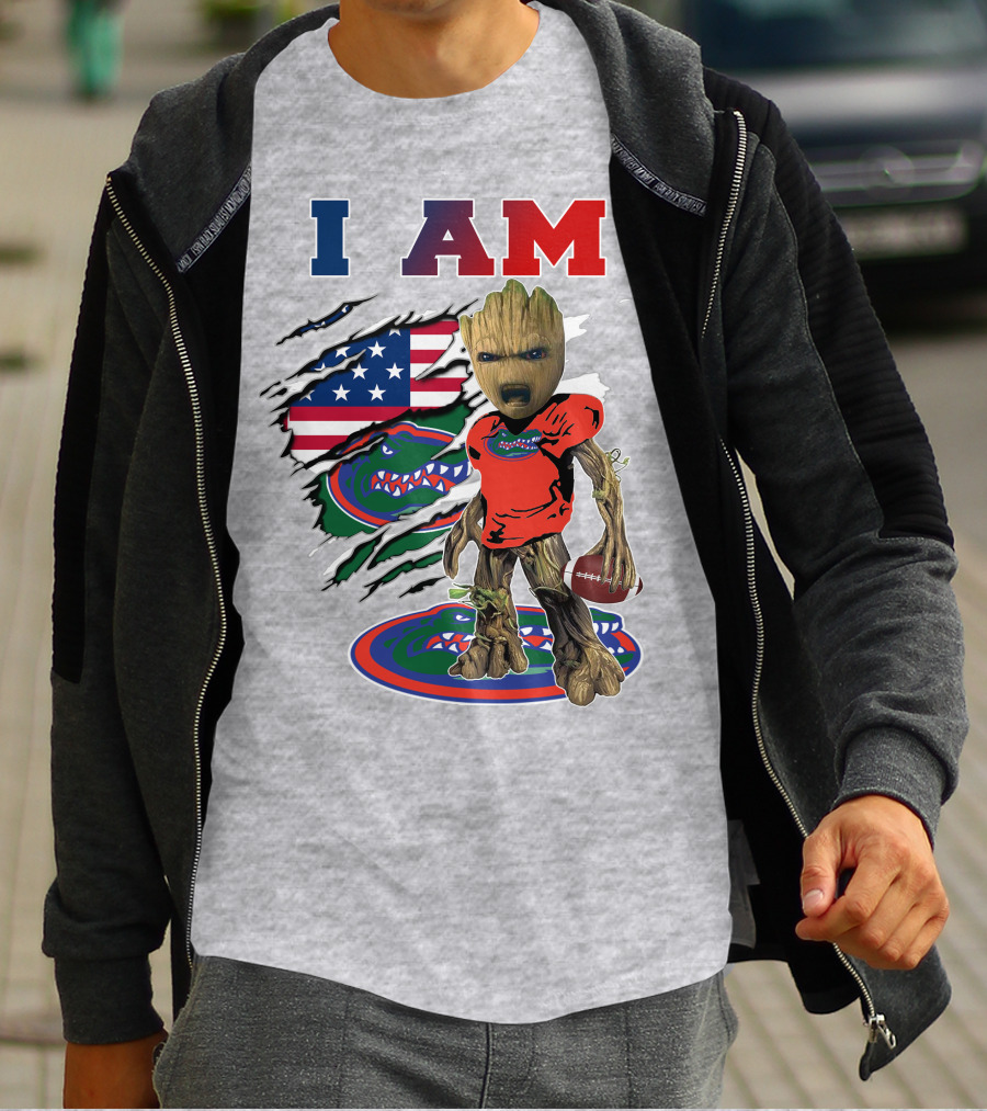 I Am Gators Baby Groot Football American Flag T-Shirt