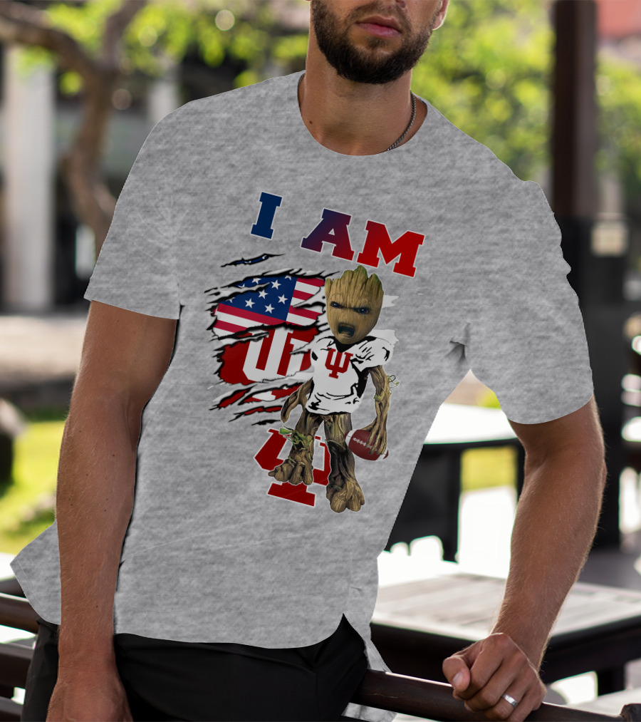 I AM Indiana University Hosiers Baby Groot Football USA Flag T-Shirt
