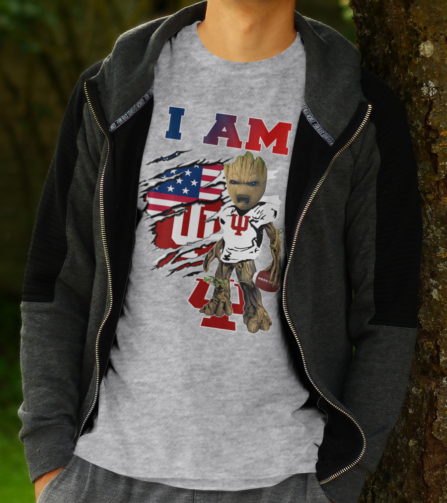 I AM Indiana University Hosiers Baby Groot Football USA Flag T-Shirt