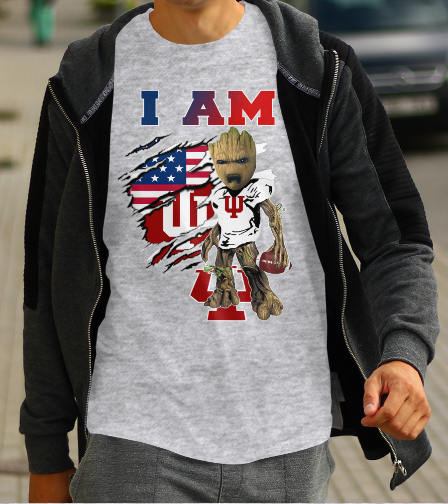 I AM Indiana University Hosiers Baby Groot Football USA Flag T-Shirt