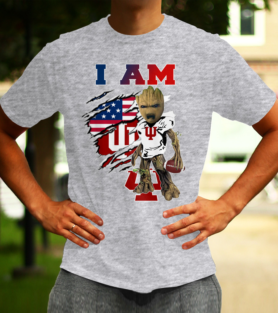 I AM Indiana University Hosiers Baby Groot Football USA Flag T-Shirt