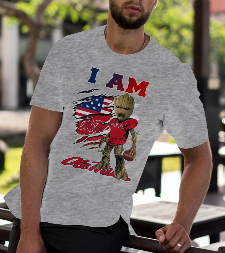 I Am Ole Miss Baby Groot Usa Flag Football T-Shirt