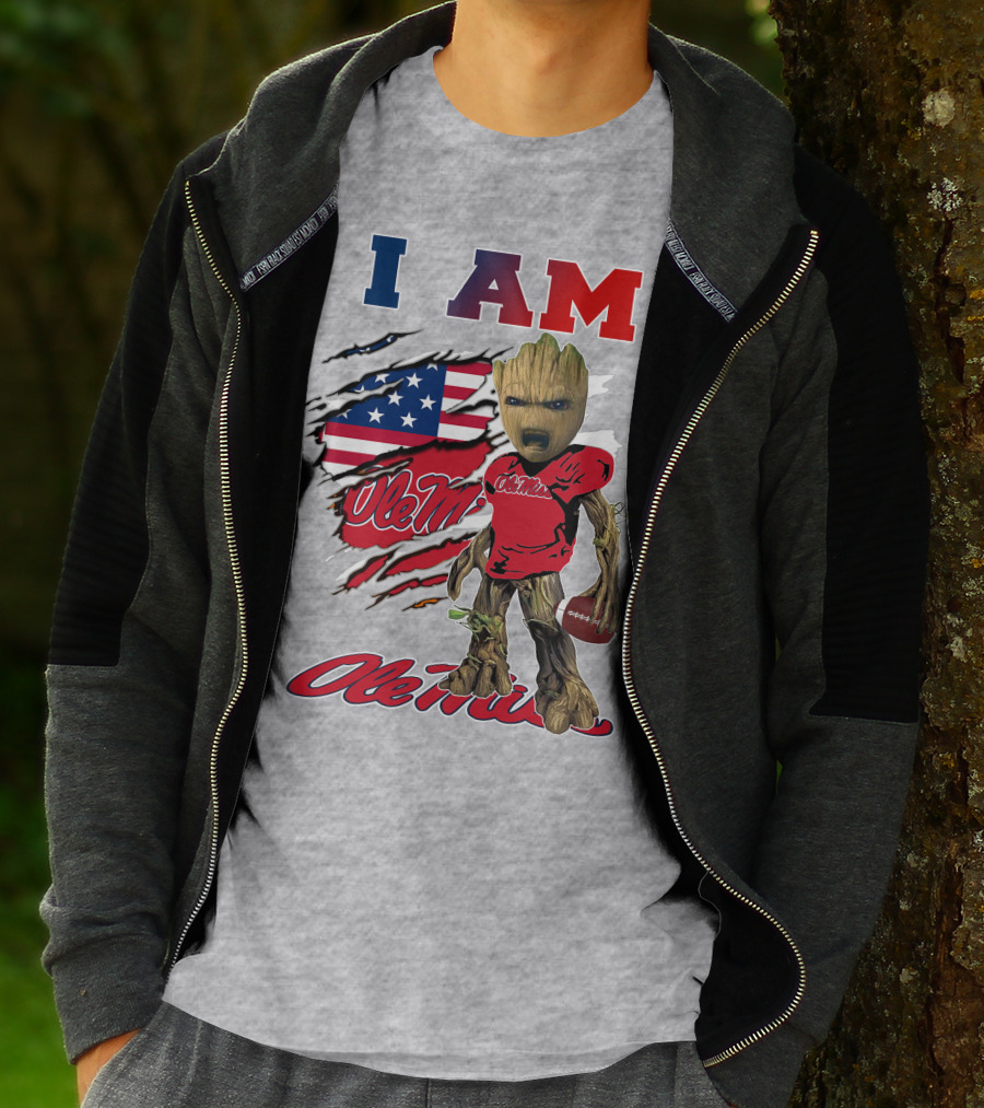 I Am Ole Miss Baby Groot Usa Flag Football T-Shirt