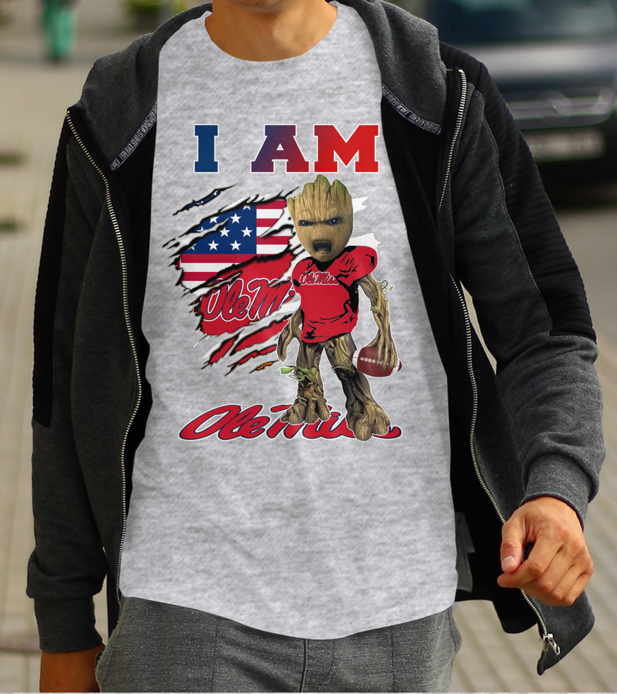 I Am Ole Miss Baby Groot Usa Flag Football T-Shirt