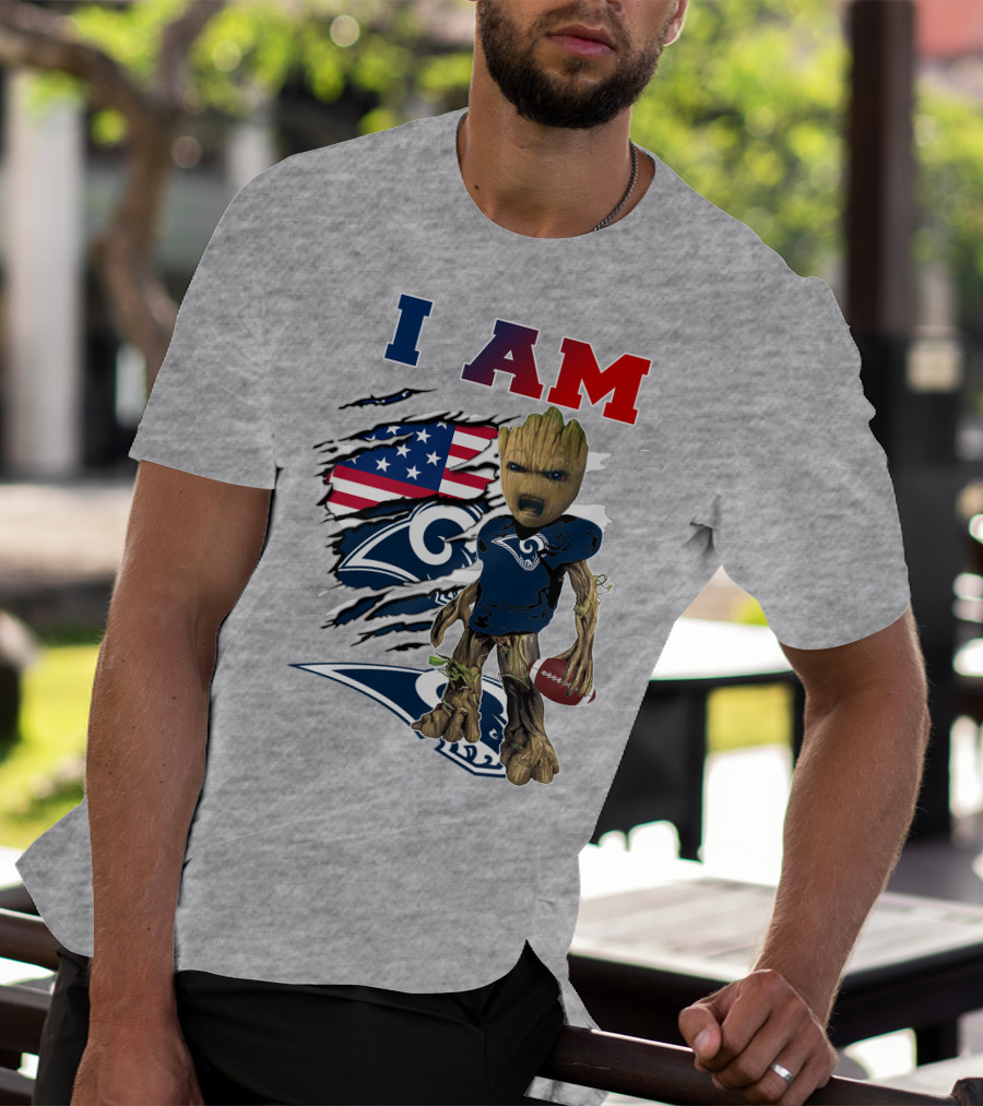 I AM Rams Baby Groot Football American Flag T-Shirt