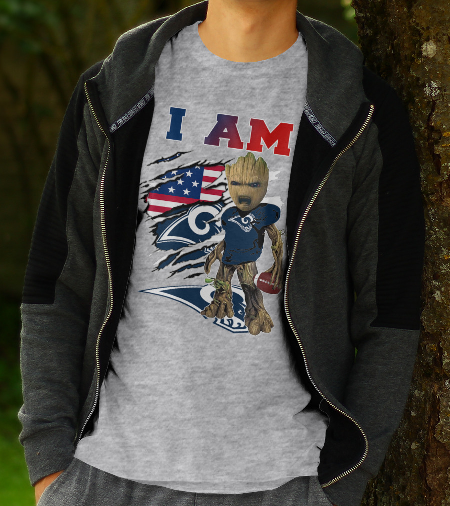 I AM Rams Baby Groot Football American Flag T-Shirt