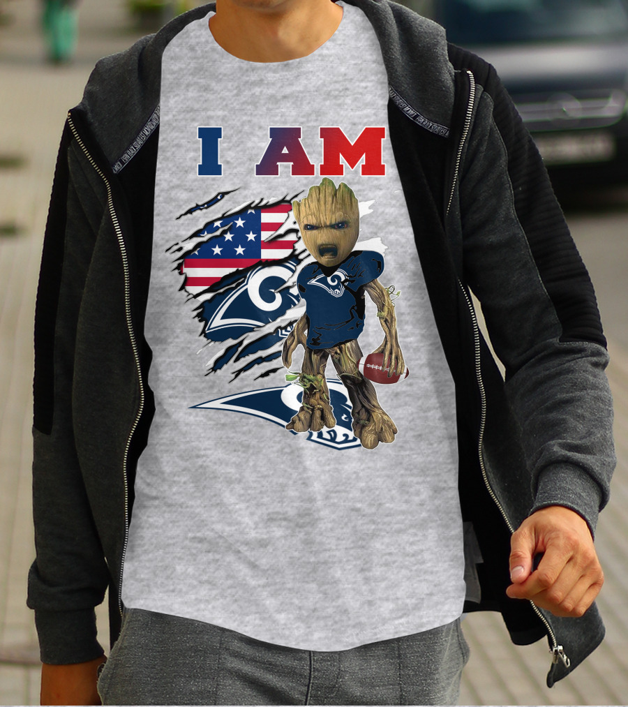 I AM Rams Baby Groot Football American Flag T-Shirt