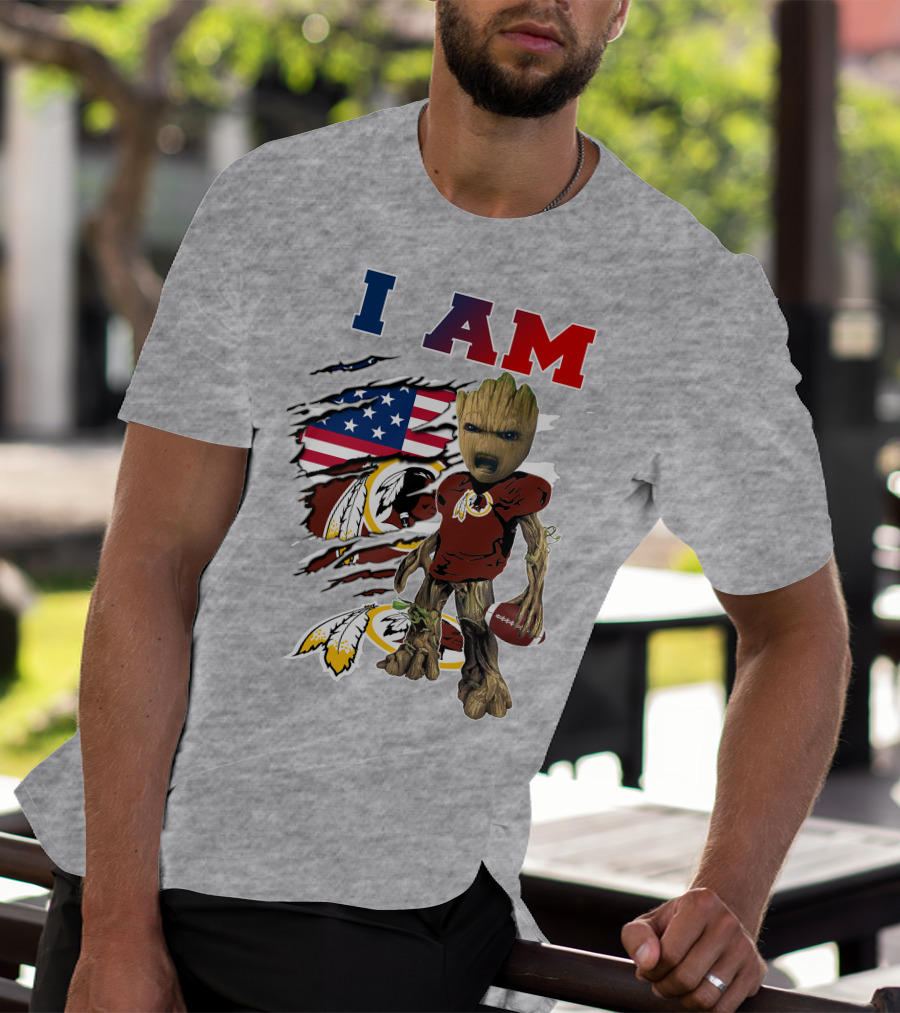 I AM Redskin Baby Groot Football USA Flag T-Shirt