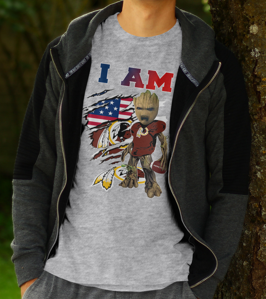 I AM Redskin Baby Groot Football USA Flag T-Shirt
