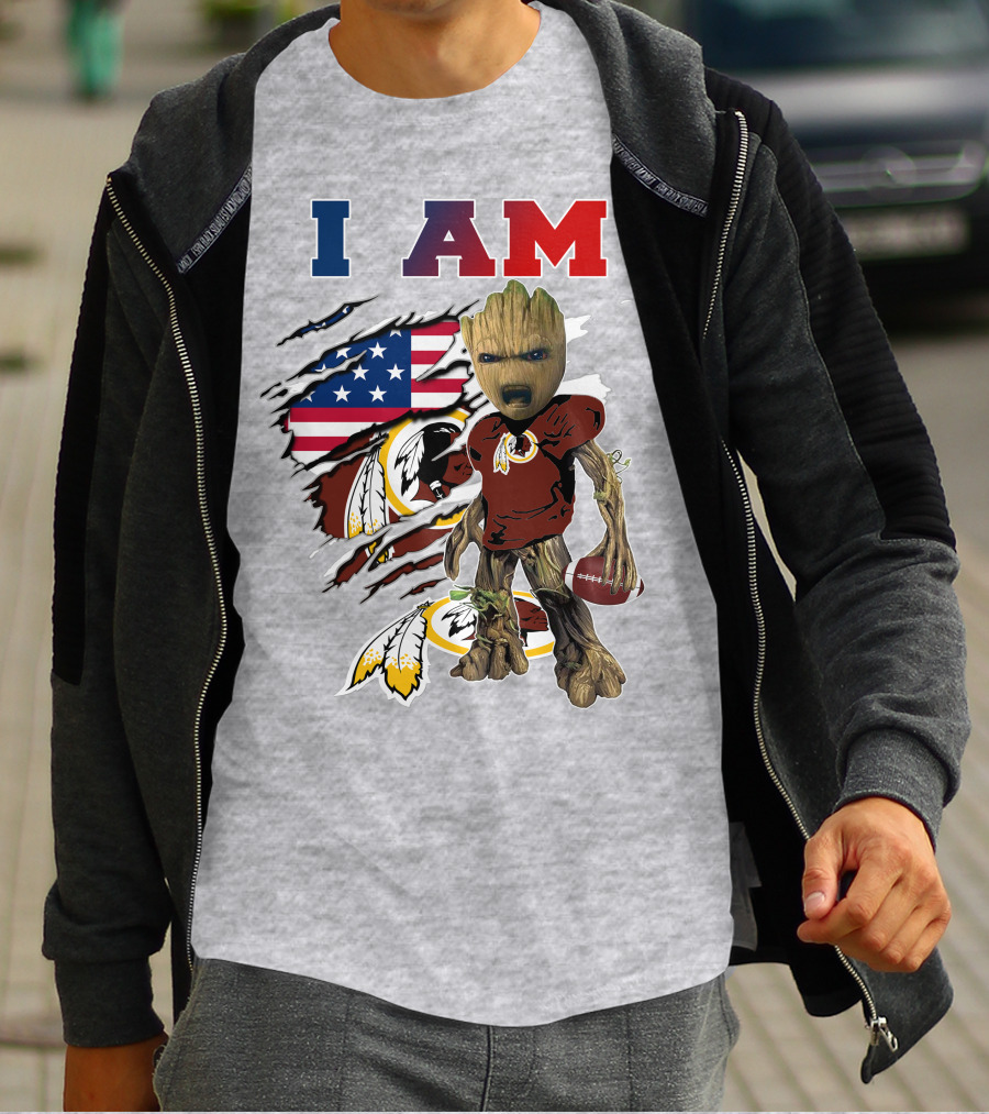 I AM Redskin Baby Groot Football USA Flag T-Shirt
