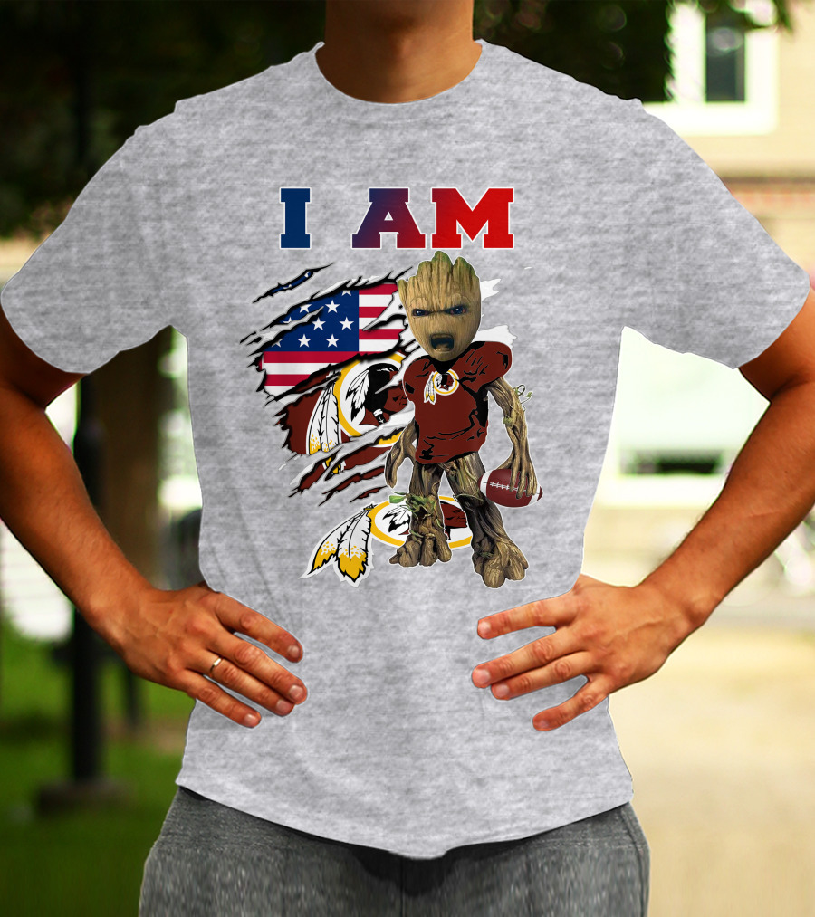 I AM Redskin Baby Groot Football USA Flag T-Shirt