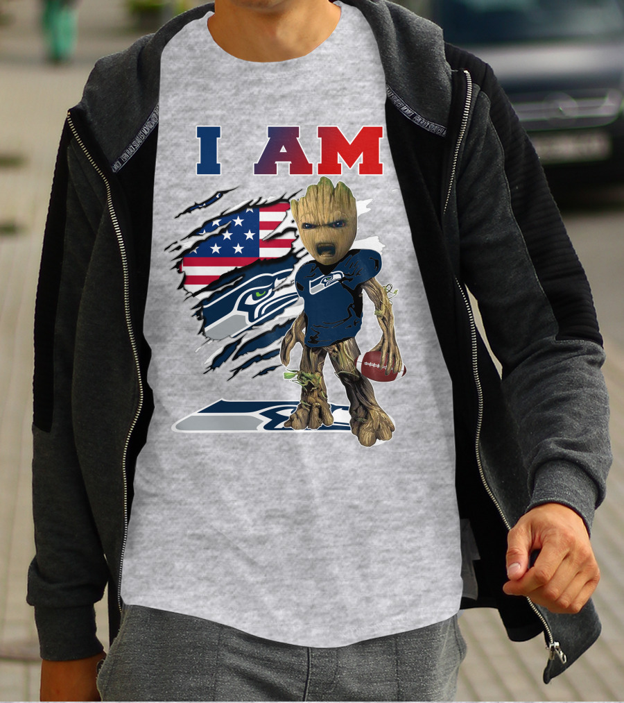 I Am Seahawks Baby Groot Football Patriots Flag T-Shirt