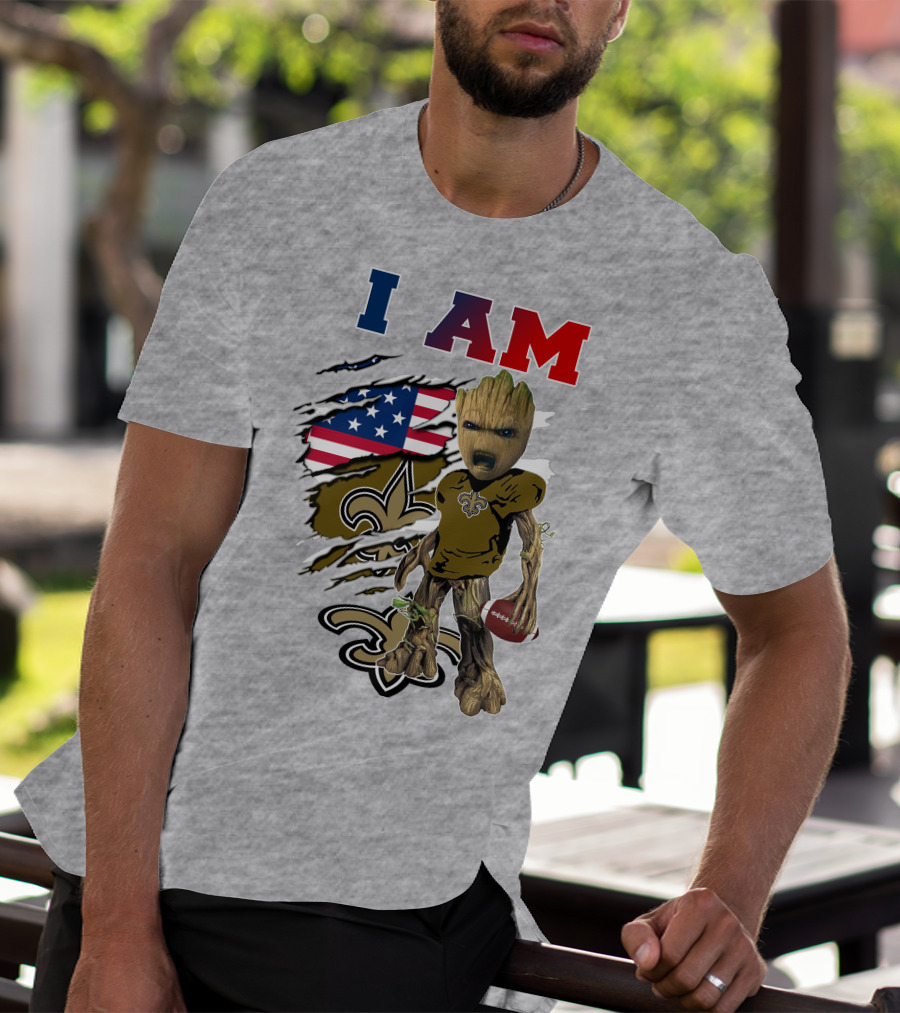 I Am Saints Baby Groot Nfl Football Fleur-De-Lis Usa Flag T-Shirt